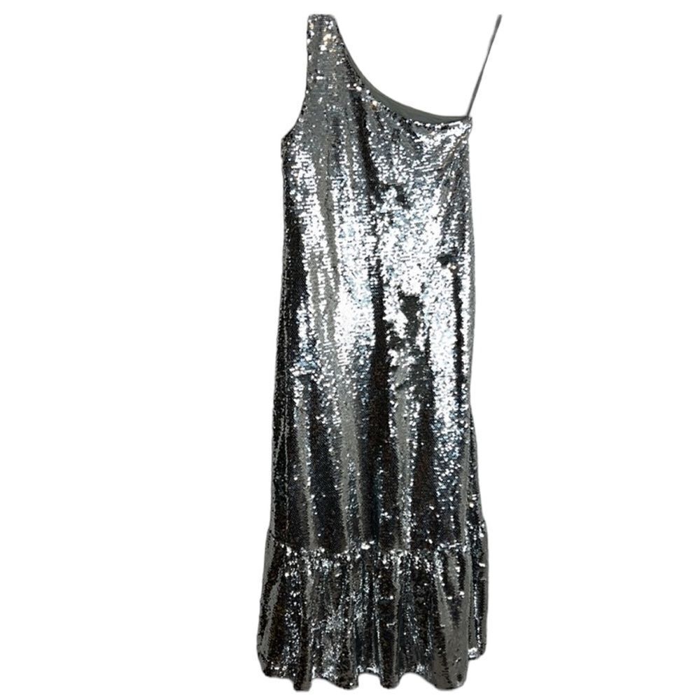 NEW Anthropologie Maeve Sequin One Shoulder Ruffle Midi Dress Silver - Picture 5 of 13